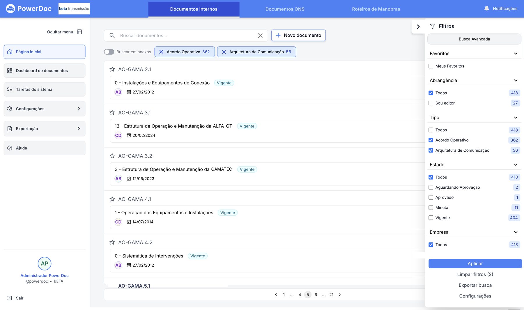 Acervo de normativos com filtros por tipo, estado e empresa